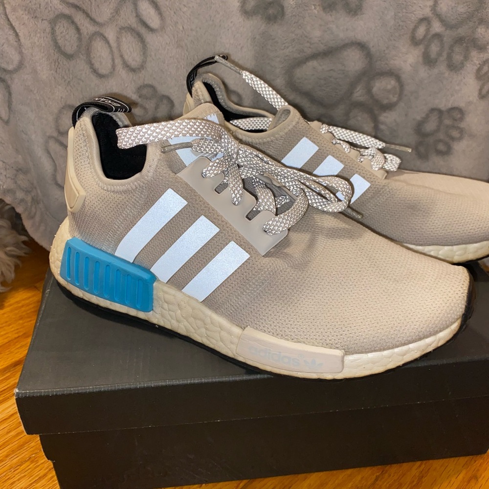 white grey and blue NMD Addidas